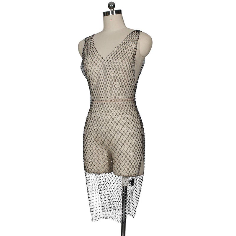 FlyCC Women Sexy See Through Mesh Beach Bikni Swimsuit Sleeveless Cover up Rhinestone Midi Dress Black - Image 4